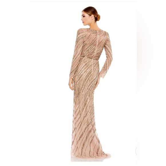 NWT Mac Duggal Long Sleeve Beaded Column Mocha Gown Size 8 - Picture 7 of 7